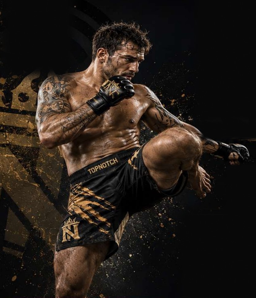 MMA fighter throwing a knee strike in black and gold Top Notch Sports custom fight shorts