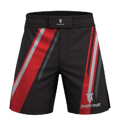 The same MMA fight shorts design in the catalog red, silver and black colorway